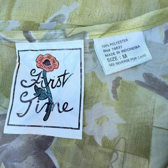 Vintage Y2K First Time Green Floral Sleeveless Blouse Medium Sheer Tie Bodice - Picture 9 of 12